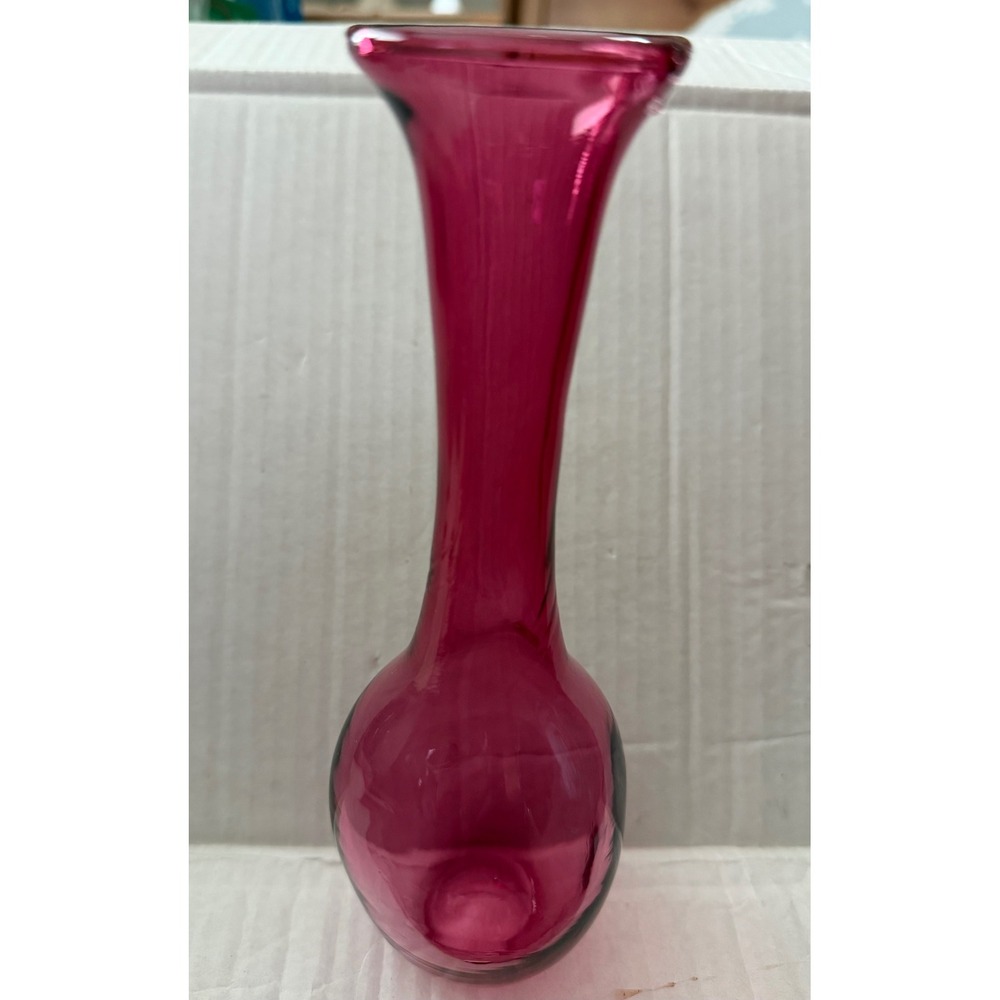 Vintage Cranberry Pink Hand Blown Glass Bud Vase Mid Century Modern 8.5 Inch